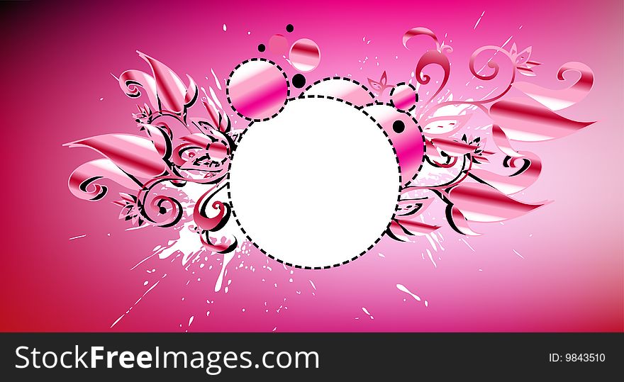 Floral retro graphic with swirls, circles and dots on pink background. Space for text. Floral retro graphic with swirls, circles and dots on pink background. Space for text