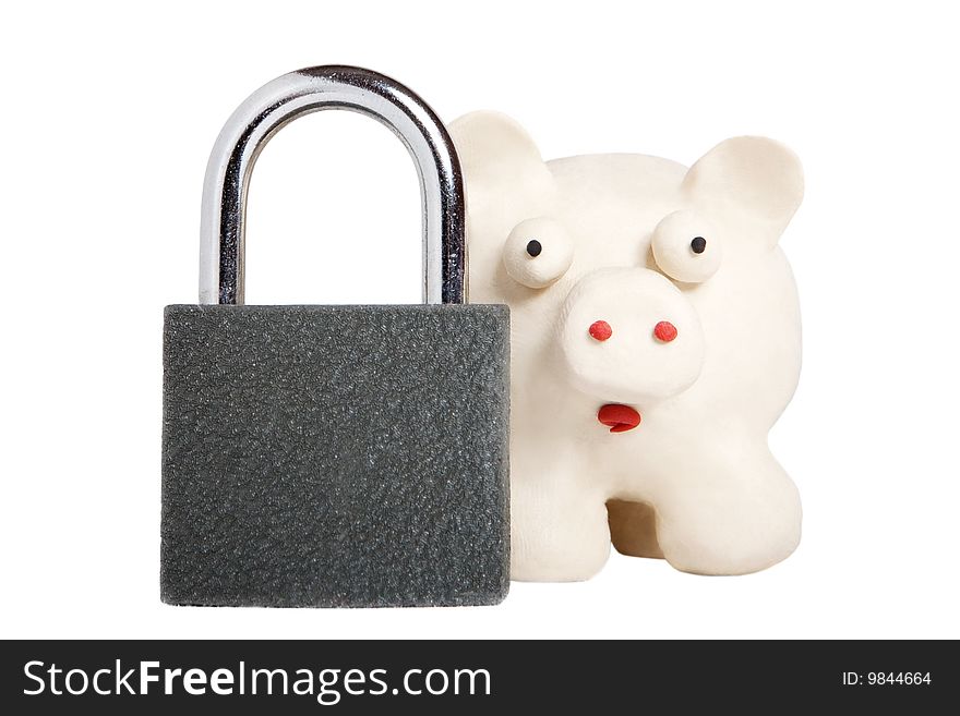 Plasticine piggy bank with lock isolated on white. Plasticine piggy bank with lock isolated on white