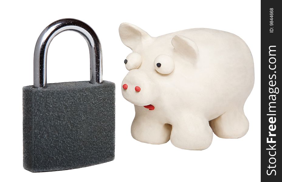 Plasticine piggy bank with lock isolated on white. Plasticine piggy bank with lock isolated on white