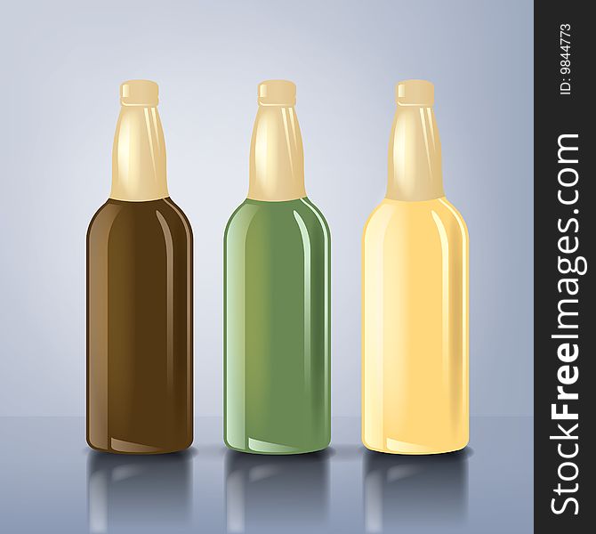 An illustration of three beer bottles with reflexions. An illustration of three beer bottles with reflexions