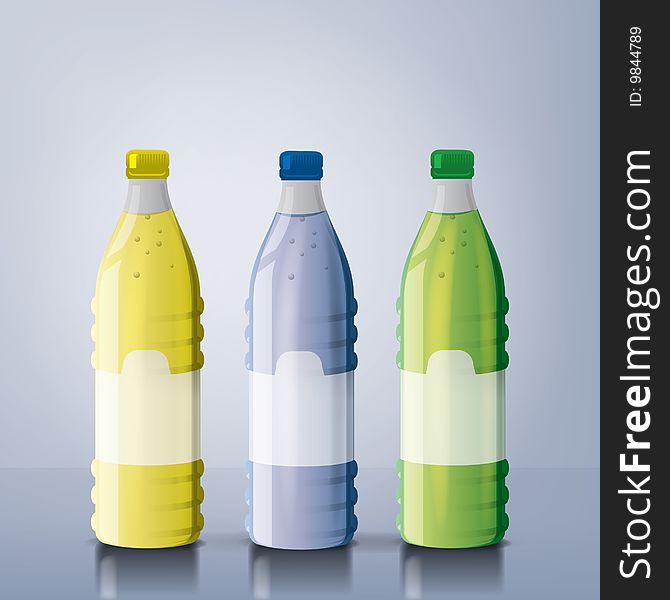 An illustration of three juice bottles with reflexions. An illustration of three juice bottles with reflexions