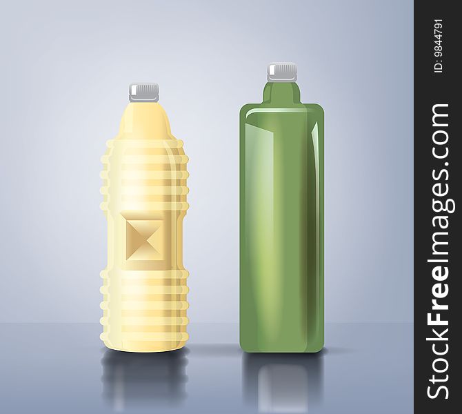 An illustration of two oil bottles with reflexions. An illustration of two oil bottles with reflexions
