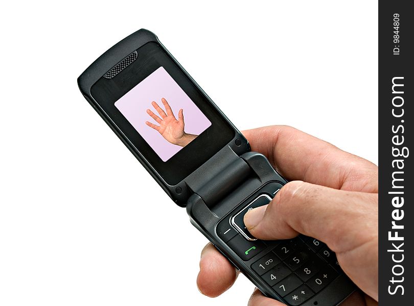 Mobile phone with picture of high five gesture on display