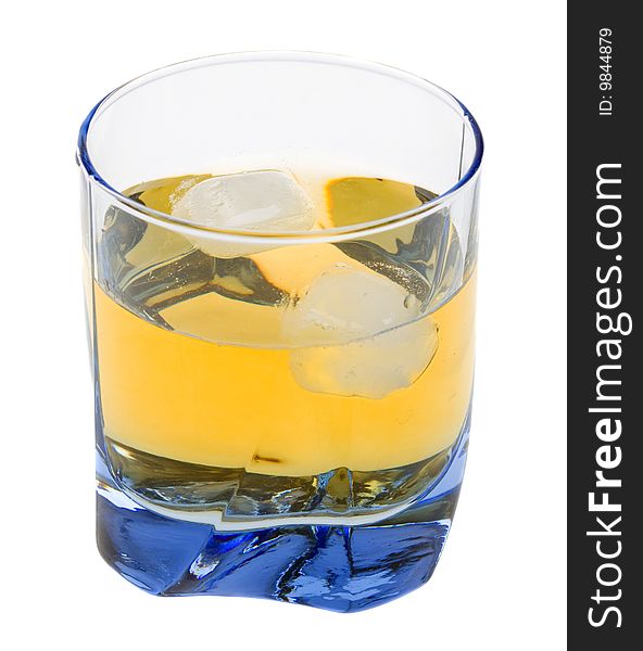 Single malt whiskey with ice on white