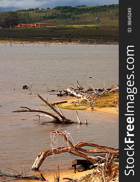 View of Theewaterskloof dam and farm buildings. View of Theewaterskloof dam and farm buildings