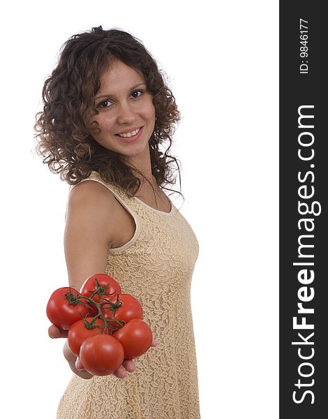Pretty girl with  tomatoes isloated on white background. Beautiful young woman with fresh vegetables. Pretty girl with  tomatoes isloated on white background. Beautiful young woman with fresh vegetables.