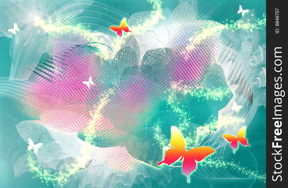 Funky retro graphic with butterflies on colorful background. Space for text. Funky retro graphic with butterflies on colorful background. Space for text