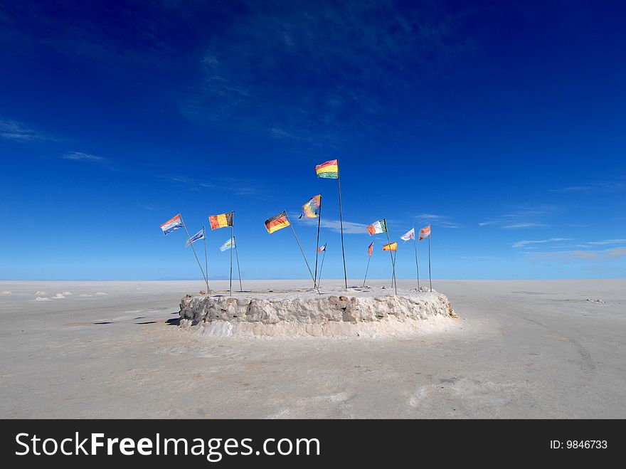 Bolivia, flags in a saline