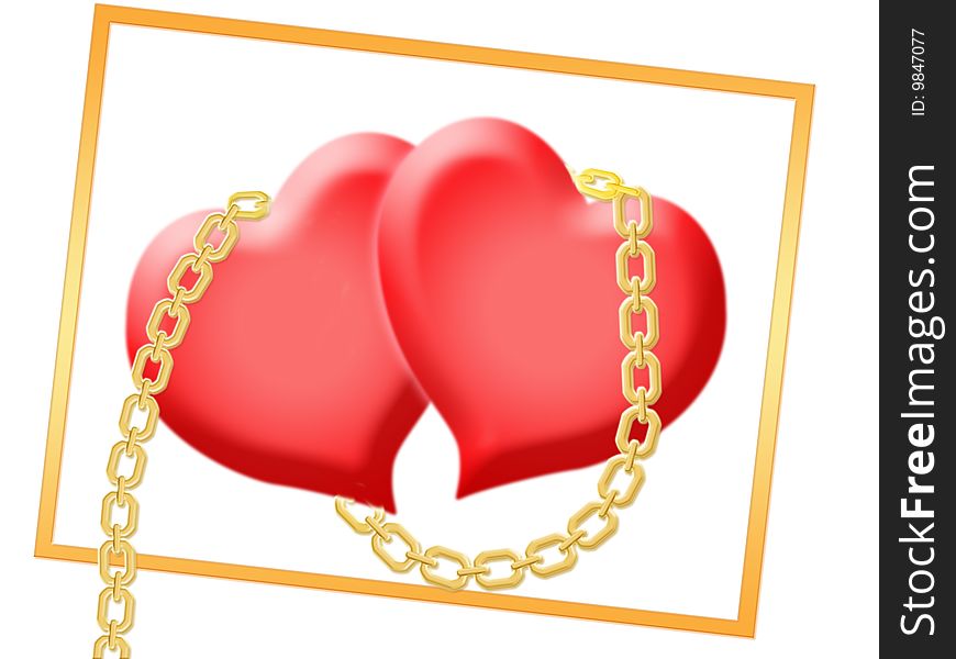 Two hearts shackled by golden chain in frame