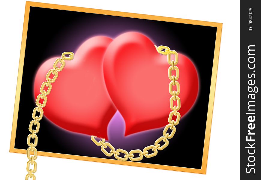 Two hearts shackled by golden chain in frame