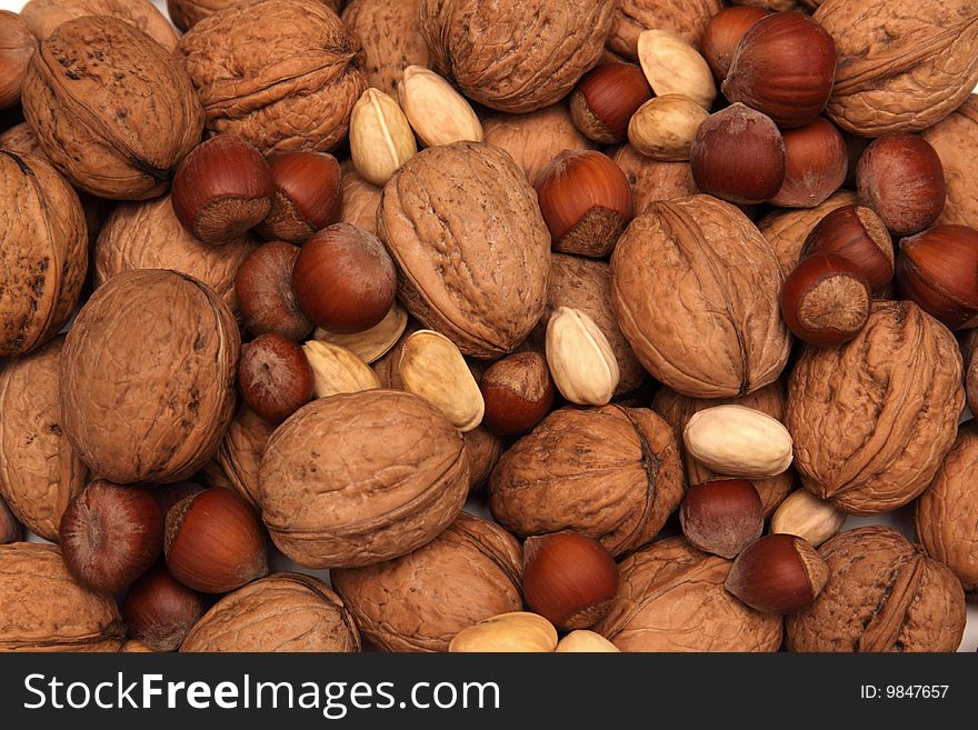Walnuts, pistachioes,  hazelnuts close up