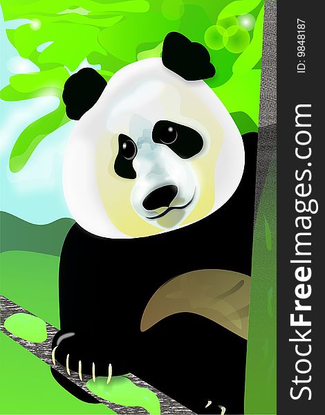 Panda on the tree with green and nature landscape in background