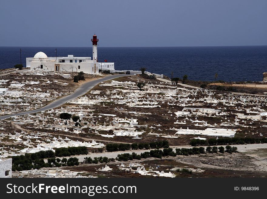 Muslim cemetery and lighthouse in Mahdia - seaside town in northern Tunisia
