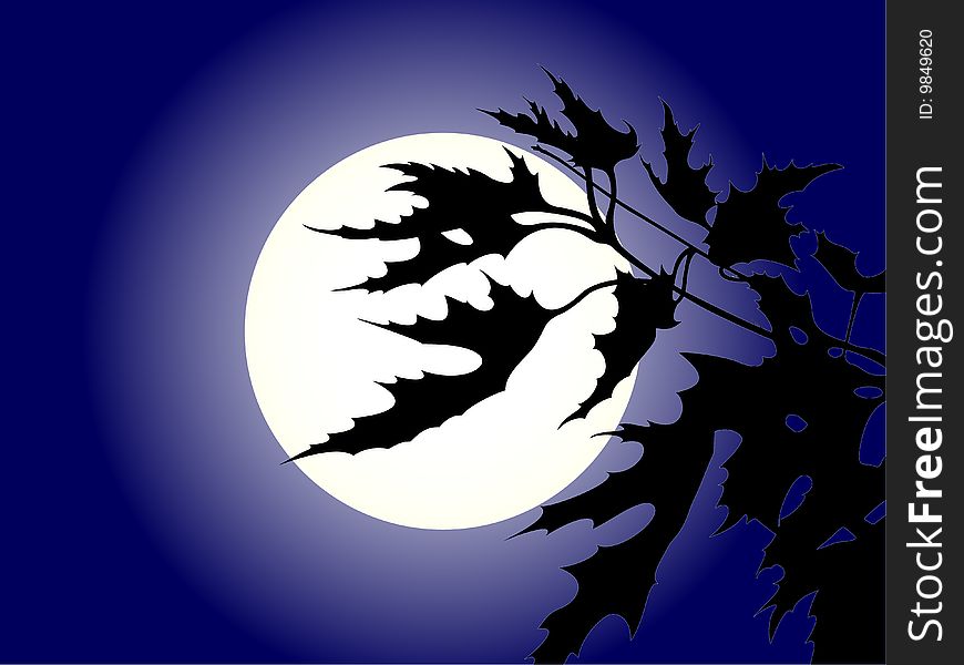 Silhouette of a branch of a maple against the moon. Vector. Silhouette of a branch of a maple against the moon. Vector.