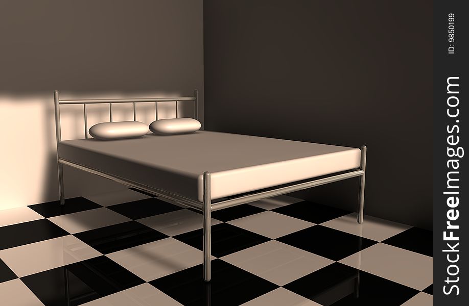 3d image with a bed.