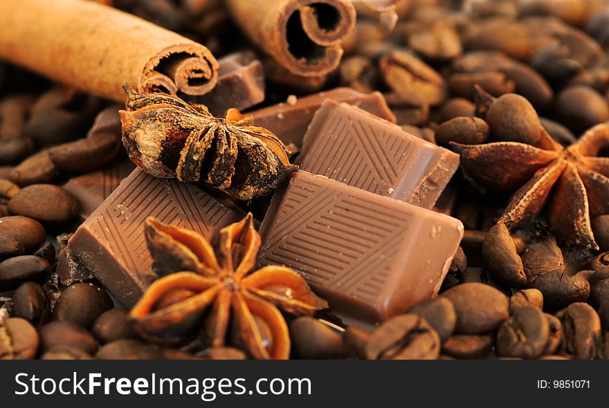 Chocolate,coffee, cinnamon and anise background