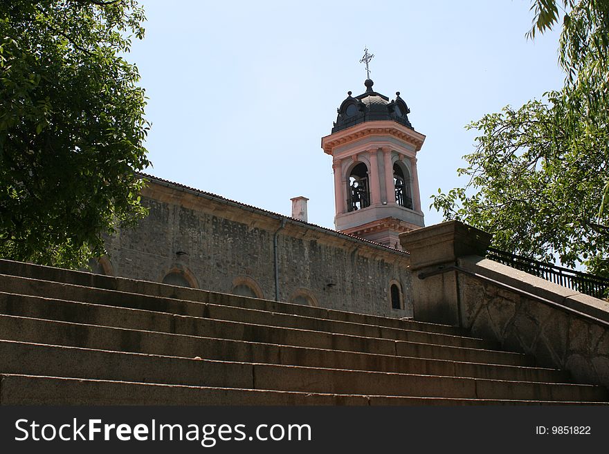 A christian church and stairs