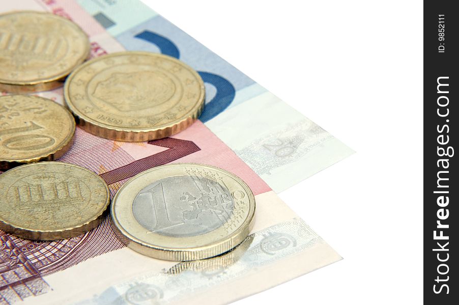 Close-up of European Euro currency on white background. Close-up of European Euro currency on white background