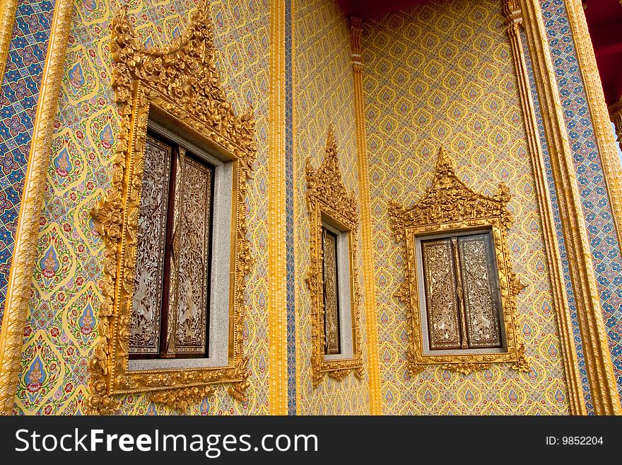 Traditional Thai style Buddhist church windows