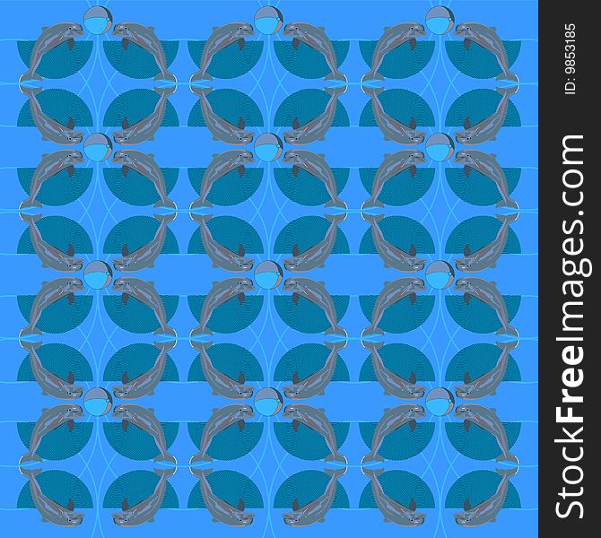 Dolphins with a ball on blue background. Dolphins with a ball on blue background