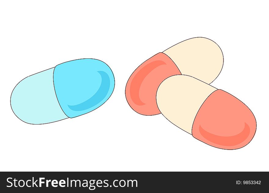 Red and blue transparent medicine capsule on reflective table