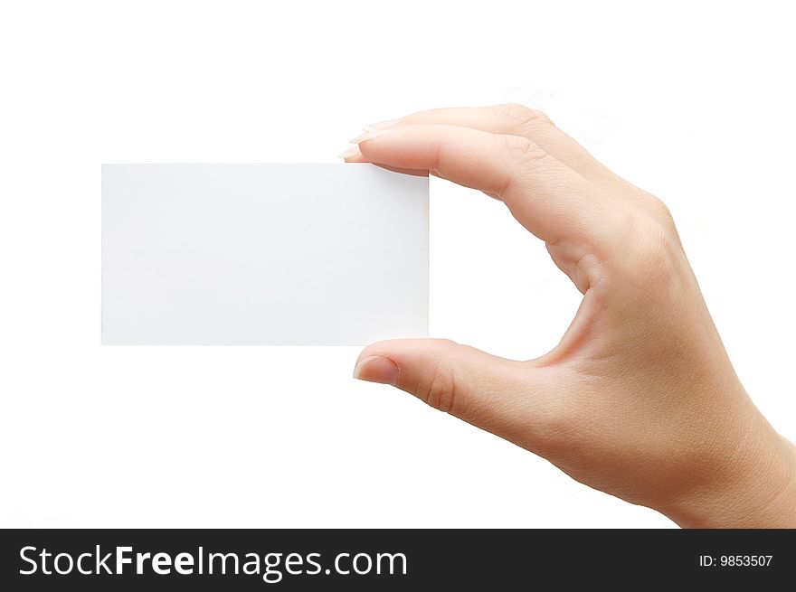 Paper card in woman hand isolated on white background