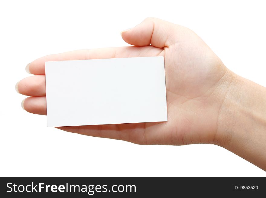 Paper card in woman hand isolated on white background. Paper card in woman hand isolated on white background