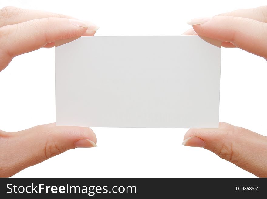 Paper card in woman hand isolated on white background. Paper card in woman hand isolated on white background