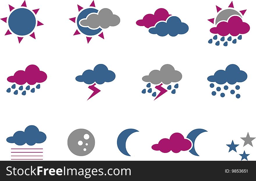 Vector icons pack - Blue-Fuchsia Series, weather collection. Vector icons pack - Blue-Fuchsia Series, weather collection