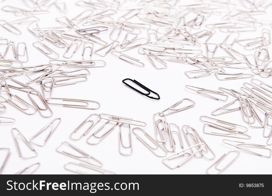 One black paperclip among many steel grey paperclips on white background. One black paperclip among many steel grey paperclips on white background