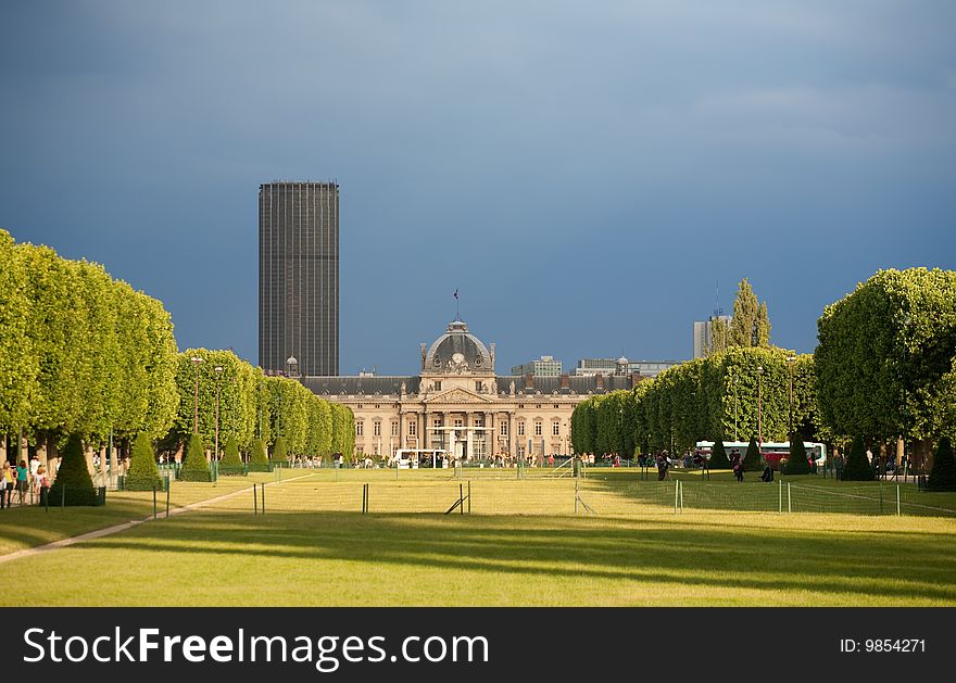 Military academy at Champ de Mars in Paris at dusk in summer. Military academy at Champ de Mars in Paris at dusk in summer