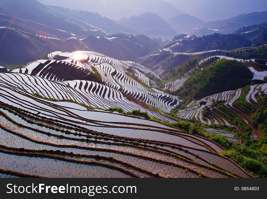 The morning view of terrace in LongSheng GuiLin China.