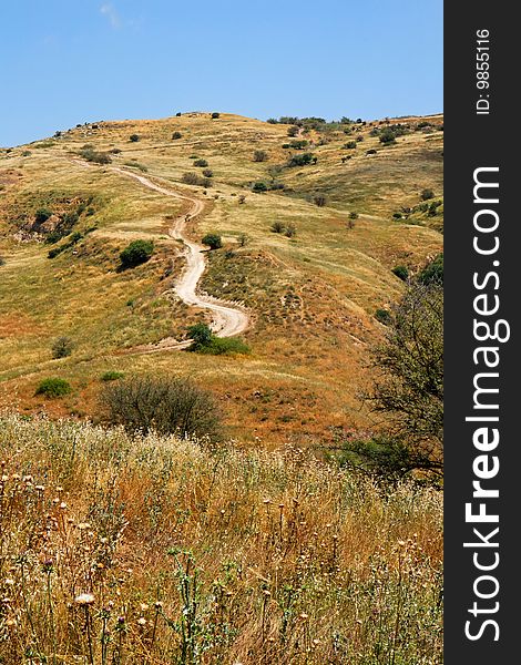 Countryside road leads to the top of yellow autumn hill. Countryside road leads to the top of yellow autumn hill