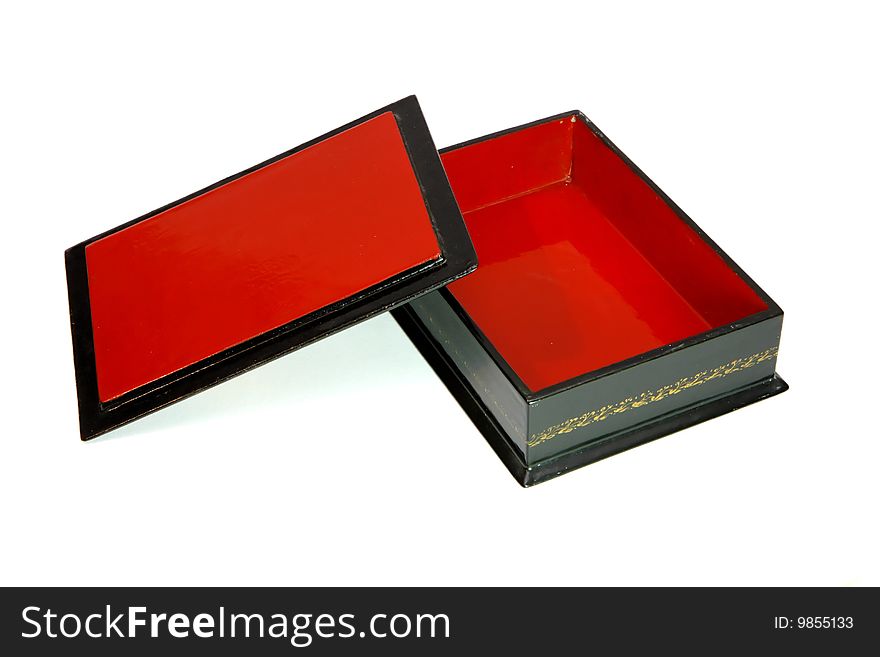 Open dark green rectangular wooden casket with red lining and lid isolated. Open dark green rectangular wooden casket with red lining and lid isolated