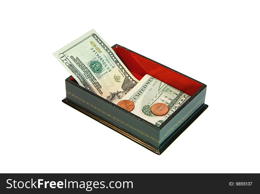Green rectangular wooden casket with USA money isolated. Green rectangular wooden casket with USA money isolated