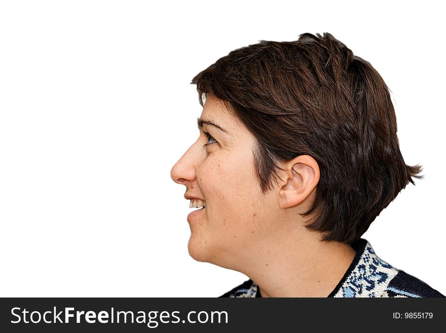 Smiling mid age woman profile isolated. Smiling mid age woman profile isolated