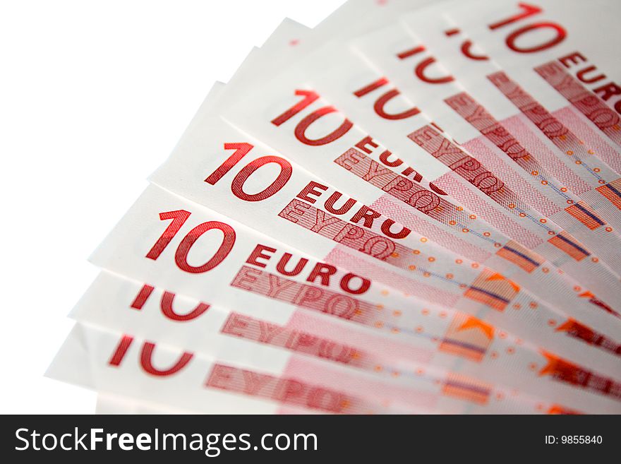 Isolated ten euro banknotes on white background. Isolated ten euro banknotes on white background