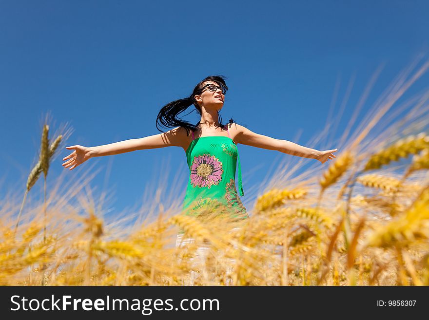 Happy woman with outstretched arms in field. Happy woman with outstretched arms in field