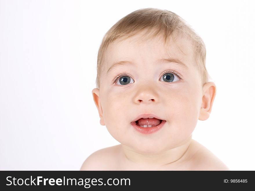 Beautiful baby boy face on white background