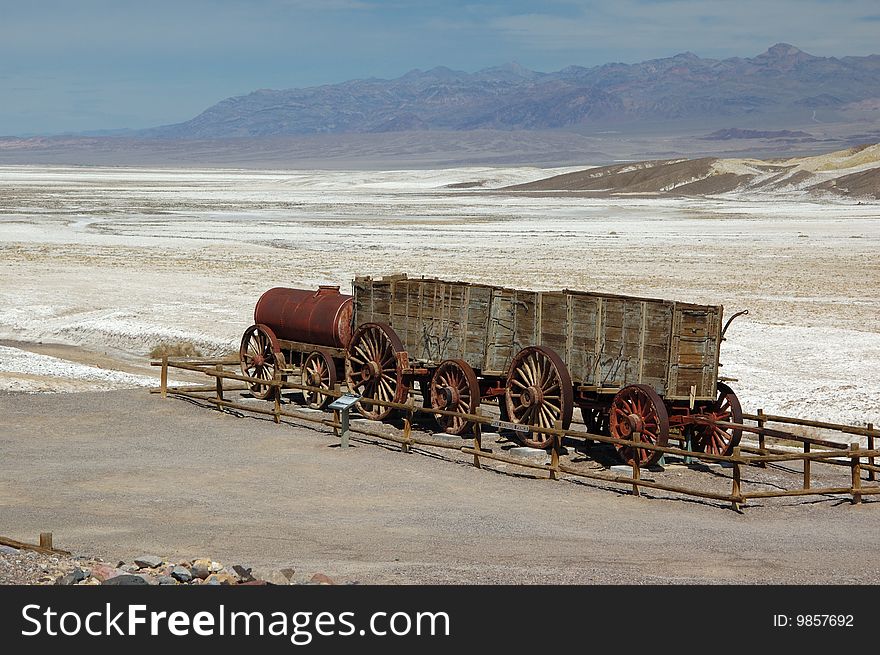 Historical wood wagon in the desert of the Death Valley