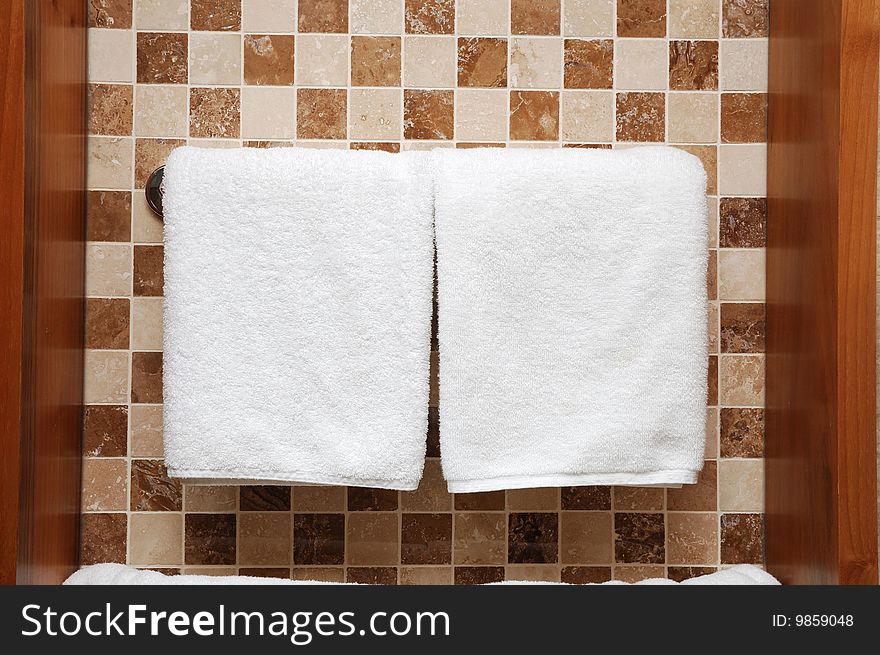 Towels on a wall of bathroom