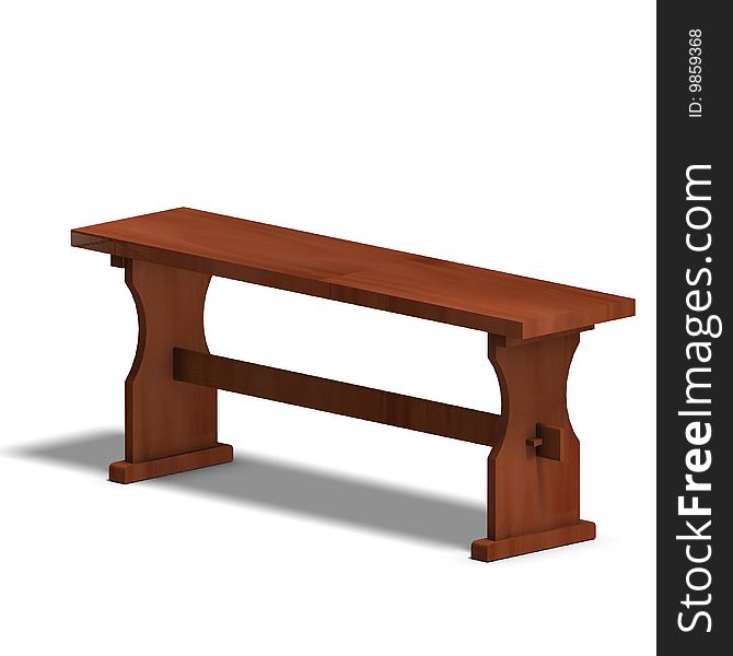 Wooden park bench. 3D render with clipping path and shadow over white