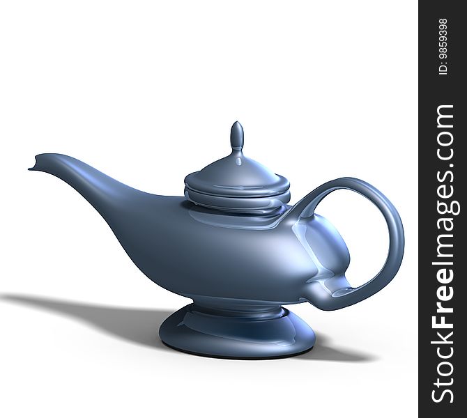 The magical lamp of Aladdin. 3D render with clipping path and shadow over white. The magical lamp of Aladdin. 3D render with clipping path and shadow over white