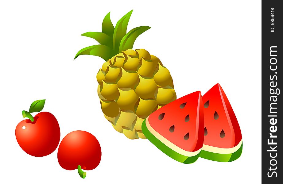 Pineapple tomato and watermelon  on the white background. Pineapple tomato and watermelon  on the white background