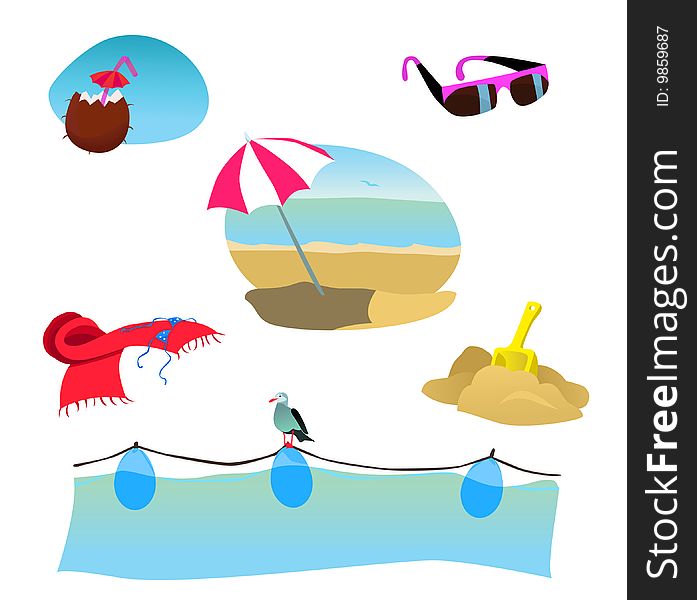 A set of sunny beach icons and scenes for illustrating of web, print or packaging. A set of sunny beach icons and scenes for illustrating of web, print or packaging.