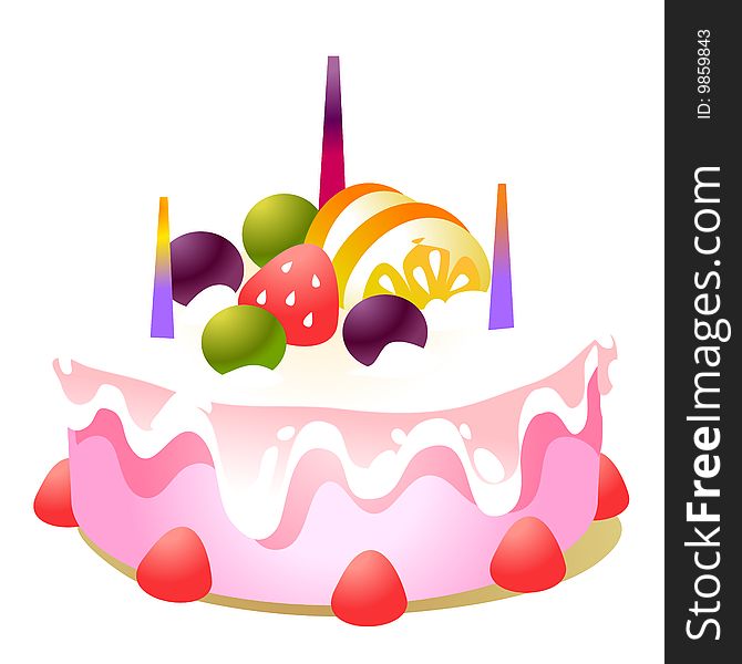 Birthday cake with candles and fruits on the white background