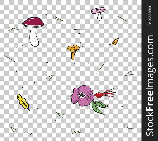 Seamless pattern with mushrooms and dog rose, forest theme.