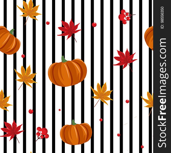 Seamless Autumn Pattern With Pumpkin, Leaves