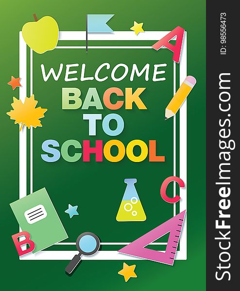 `Back to school` flat paper graphics banner in a cage background.
