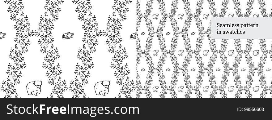 Seamless black-and-white rhomboid pattern with forest animals